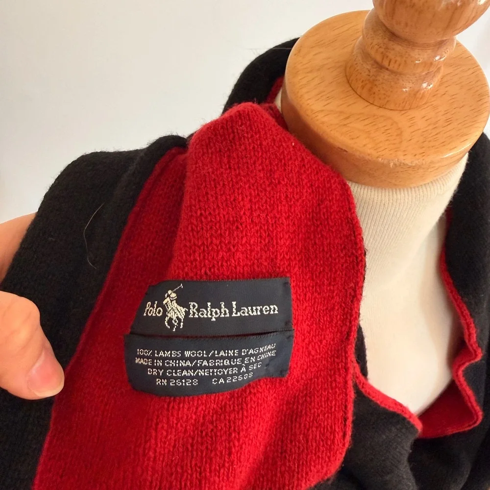 Vintage Polo Ralph Lauren‎ Lambswool Scarf Black Red Stripe Embroidered Pony